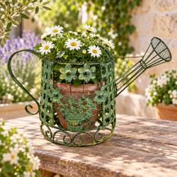 Arrosoir Décoratif Panier Fleuri en Acier Patiné Vert Jardinière Style Campagne 22x28x48,5cm