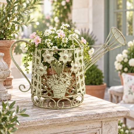 Arrosoir Décoratif Panier Fleuri en Acier Patiné Blanc Jardinière Style Campagne 22x28x48,5cm