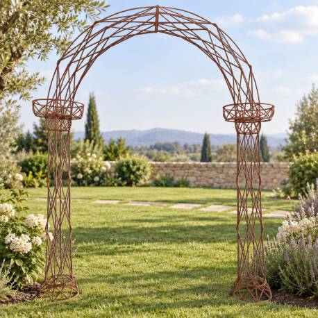 Prestigieuse Arche à Rosiers Passage Portail de Jardin avec Porte Plante en Acier Brut Oxydé 44x220x250cm