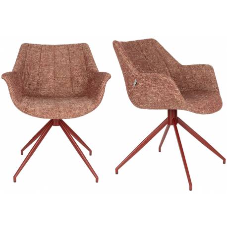 Lot de 2 Fauteuils Pivotants Doulton Vintage Rouge Zuiver Sièges Assises de Table en Tissu Chiné et Métal 61x67x80cm
