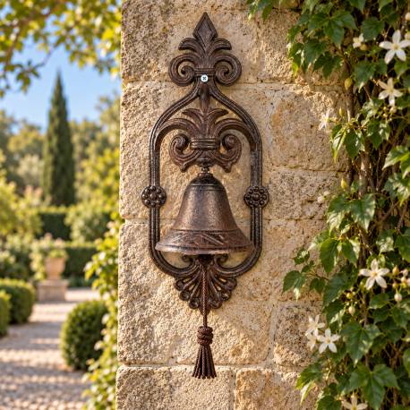Cloche Murale en Fonte Patinée Marron Carillon d'Extérieur Clochette sur Crédence 12x17x39cm