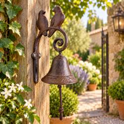 Cloche Oiseaux Carillon Murale en Fonte Patinée Marron Décoration de Jardin 9,5x15x23cm