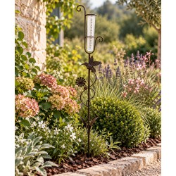 Pluviomètre à Piquer Tuteur Plante Décoration de Jardin Motif Colibri en Fer Patiné et Tube en Verre 6,5x15,5x107cm