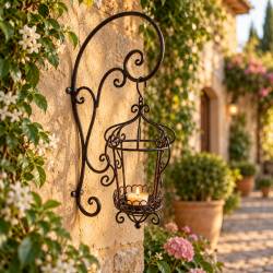 Lanterne en Acier Patiné Marron Bougeoir sur Crédence Applique Murale 23x39x64cm