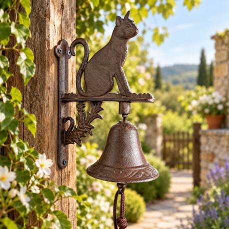 Cloche Chat en Fonte Patinée Marron Carillon Décoration Murale Extérieure 10x17x24cm