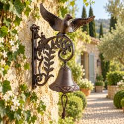 Cloche Oiseau Murale Carillon en Fonte Patinée Marron Décoration de Jardin Style Campagne 15,5x20x28cm