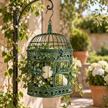 Cage Ovale PM Vert Antique Volière a Suspendre Finition Patinée Décoration Style Romantique 15x23x42cm
