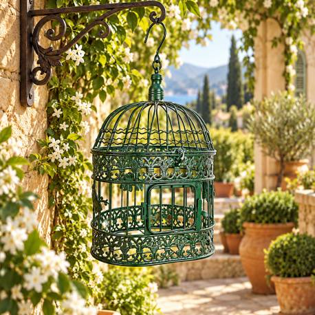 Cage Ovale GM Vert Antique Volière a Suspendre Finition Patinée Décoration Style Romantique 21x30x50cm