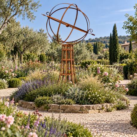 Grande Sphère Armillaire en Acier Oxydé Pièce Architecturale Décoration de Jardin sur Socle 95x123x190cm