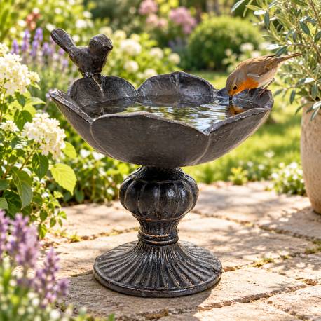 Bain Oiseau sur Pied Bénitier en Fonte Patinée Marron Grainetier Décoration de Jardin 14,5x14,5x16cm