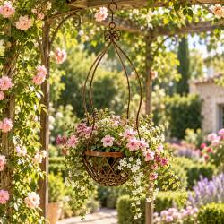 Suspension Florale en Acier Finition Oxydée Suspension pour Fleurs Panier Décoratif 40x40x90cm