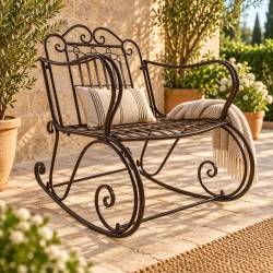Rocking Chair Vienne Marron Chaise Fauteuil de Jardin à Bascule Intérieur Extérieur en Métal Patiné 67x88x92cm