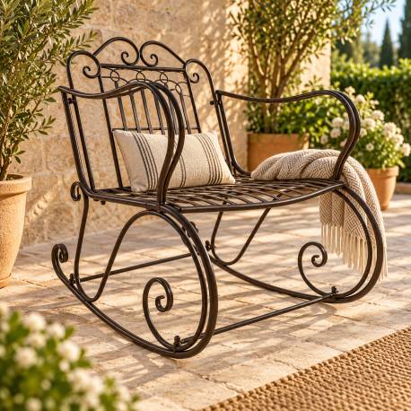 Rocking Chair Vienne Marron Chaise Fauteuil de Jardin à Bascule Intérieur Extérieur en Métal Patiné 67x88x92cm
