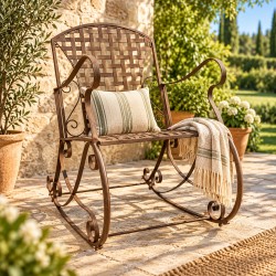 Rocking Chair Louisiane Marron Chaise Fauteuil de Jardin à Bascule Intérieur Extérieur en Métal Patiné 60x80x89cm