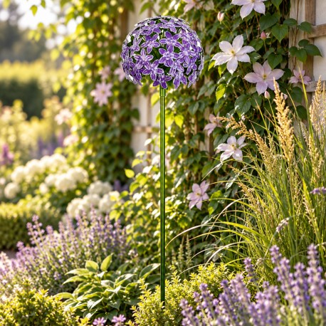 Fleur d'Allium sur Tige Décoration Florale pour Jardin Massif ou Pot de Fleur en Acier Coloré Vert et Bleu-Violet 20x20x116cm