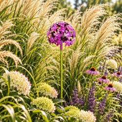 Fleur d'Allium sur Tige Décoration Florale pour Jardin Massif ou Pot de Fleur en Acier Coloré Vert et Violet 16x16x111cm