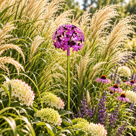 Fleur d'Allium sur Tige Décoration Florale pour Jardin Massif ou Pot de Fleur en Acier Coloré Vert et Violet 16x16x111cm