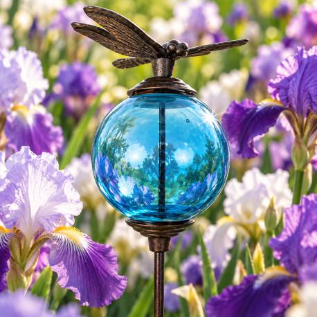 Tuteur Boule Bleu Pic de Jardin Coloré Décoration de Jardin à Planter Motif Libellule en Fonte et Verre 10x10x117cm