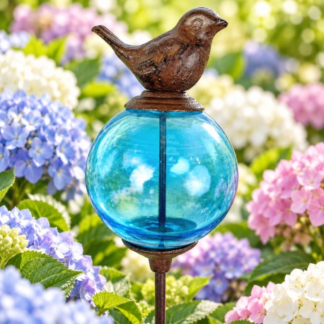 Tuteur Boule Bleu Pic de Jardin Coloré Décoration de Jardin à Planter Motif Oiseau en Fonte et Verre 10x10x117cm