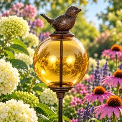 Tuteur Boule Jaune Pic de Jardin Coloré Décoration de Jardin à Planter Motif Oiseau en Fonte et Verre 10x10x117cm