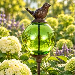Tuteur Boule Vert Pic de Jardin Coloré Décoration de Jardin à Planter Motif Oiseau en Fonte et Verre 10x10x117cm