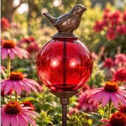 Tuteur Boule Rouge Pic de Jardin Coloré Décoration de Jardin à Planter Motif Oiseau en Fonte et Verre 10x10x117cm