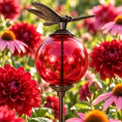 Tuteur Boule Rouge Pic de Jardin Coloré Décoration de Jardin à Planter Motif Libellule en Fonte et Verre 10x10x117cm