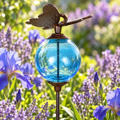 Tuteur Boule Bleu Pic de Jardin Coloré Décoration de Jardin à Planter Motif Papillon en Fonte et Verre 10x10x117cm