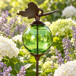 Tuteur Boule Vert Pic de Jardin Coloré Décoration de Jardin à Planter Motif Papillon en Fonte et Verre 10x10x117cm