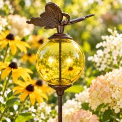 Tuteur Boule Jaune Pic de Jardin Coloré Décoration de Jardin à Planter Motif Papillon en Fonte et Verre 10x10x117cm