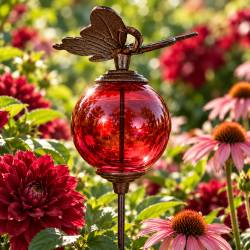 Tuteur Boule Rouge Pic de Jardin Coloré Décoration de Jardin à Planter Motif Papillon en Fonte et Verre 10x10x117cm
