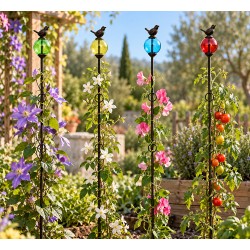 Lot de 4 Tuteurs Boule Pic Rigide Coloré à Planter Support à Plantes ou Légumes Motif Oiseau en Fonte et Verre 5,5x8x176cm
